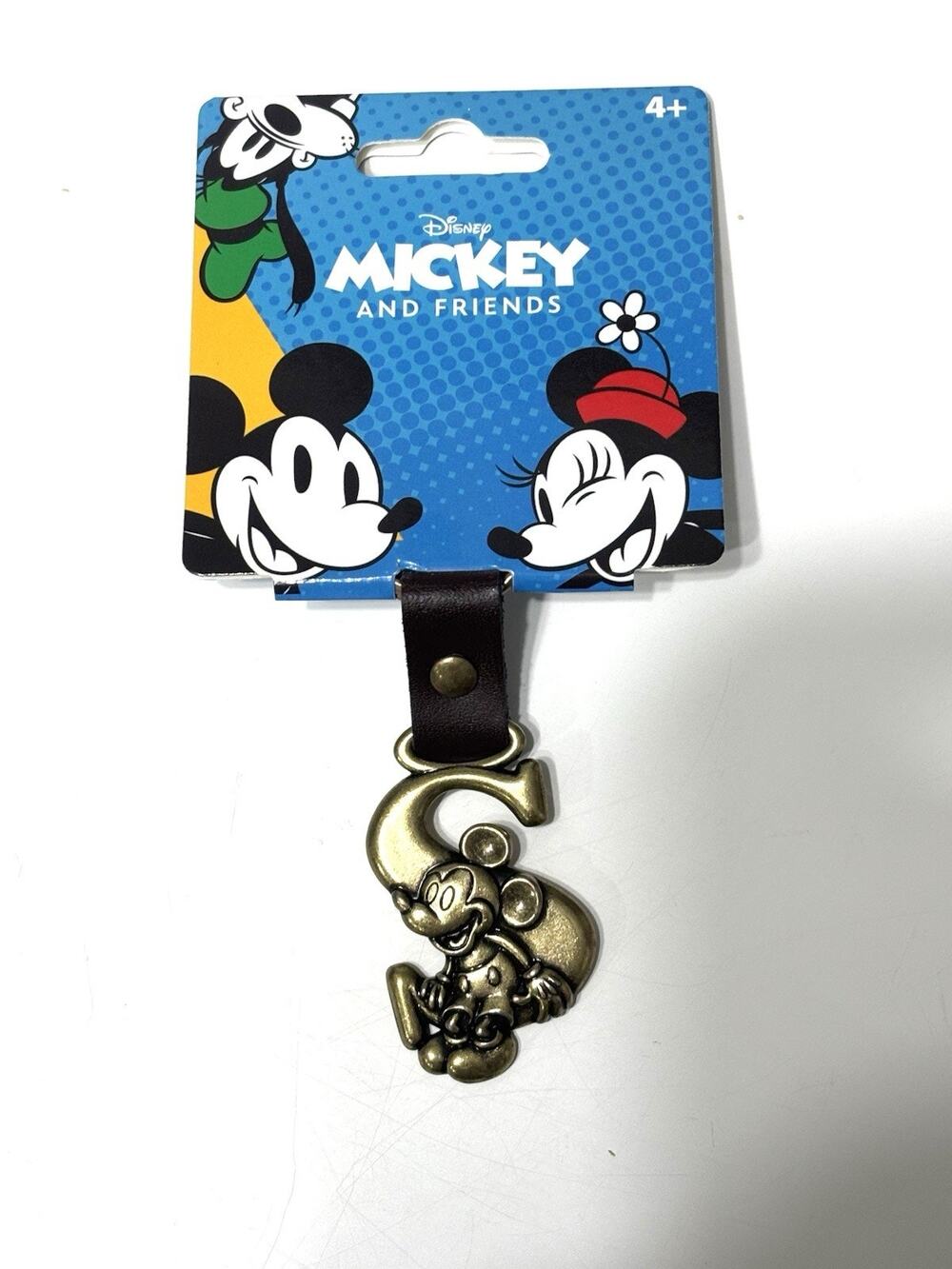 VTG Disney Mickey Mouse Letter "S" Brass Leather Keychain Collectible